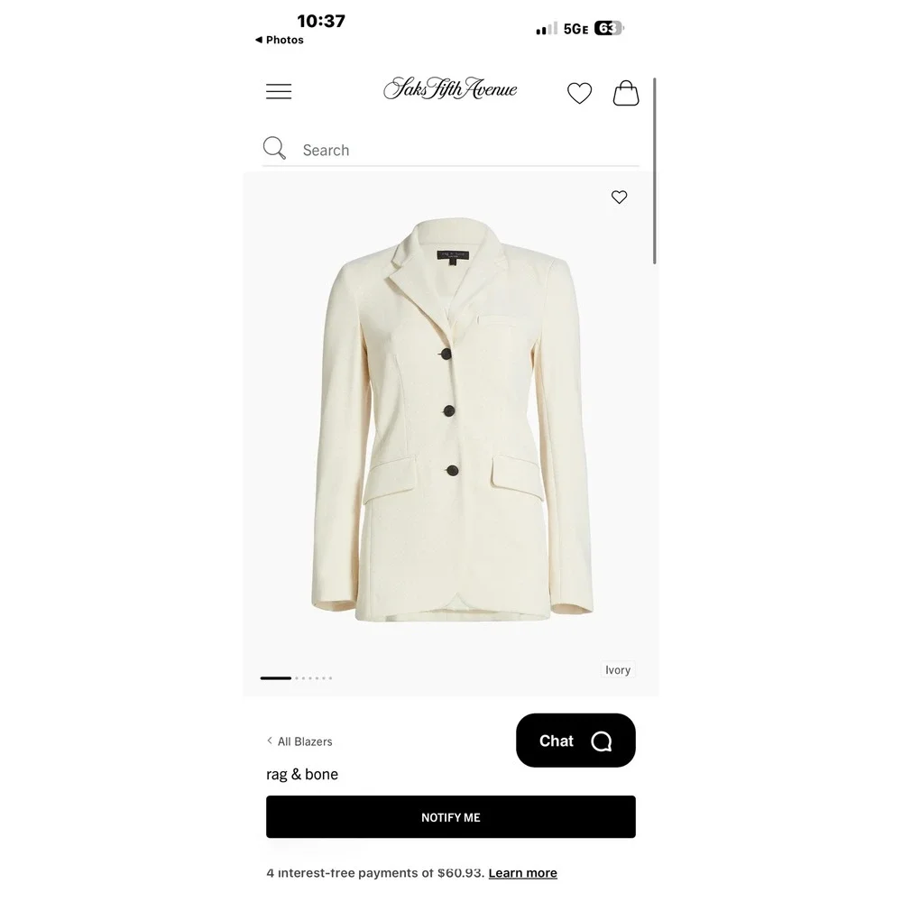 Rag & Bone Cadence Twill Blazer Ivory White Tailored Jacket Size 8 WA22S2115S915